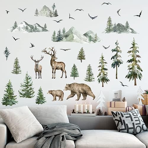 Kajaia Mountain Wall Decals Large Pine Tree Peel and Stick Forest Tree Deer Birds Animal Decals Mountain Stickers for Kids Room Nursery Decor