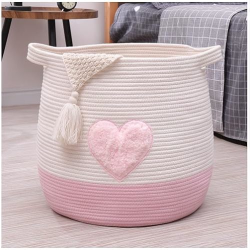 Large Cotton Rope Basket, Woven Storage Basket for Toy, Laundry and Blanket Organizer Basket, Round Hamper Basket with Handles for Kid's Room 17.7"x16.9"