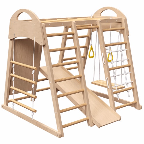 GIKPAL 8-in-1 Wooden Indoor Climbing Toys Kids Playground for Toddlers, Jungle Gym with Slide,Climber Playset with Rope Wall Climb, Monkey Bars and Swing for Boys Girls