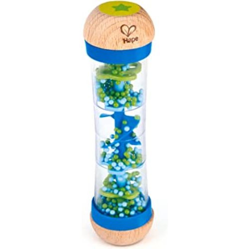 Hape Beaded Raindrops | Mini Wooden Musical Shake & Rattle Rainmaker Toy, Blue, Model Number: E0328B ,L: 2, W: 2, H: 7.9 inch
