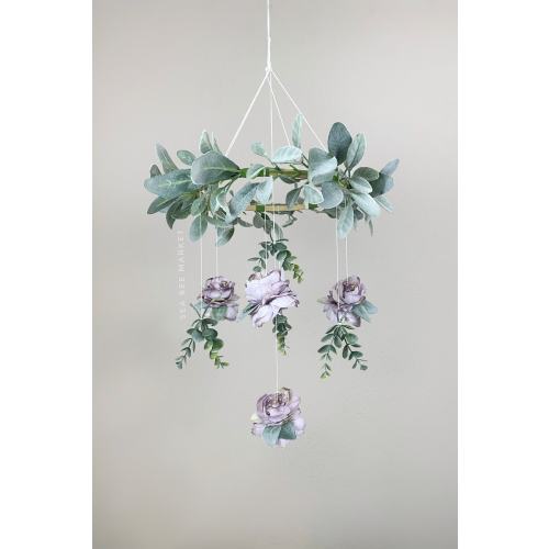 Lavender Floral and Greenery Crib  Mobile - Muted Purple Floral Chandelier for nursery - either 36” or 22” - Peonies, eucalyptus, Lambs ear