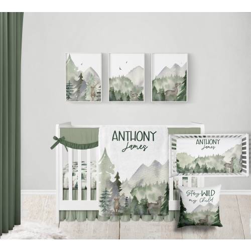 Woodland Crib Bedding Set -Personalized Baby Boy Blanket with Woodland Animals Deer, Trees, Mountains- Baby Boy Woodland Nursery A535