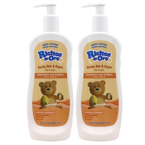 RICITOS DE ORO Honey and Argan Baby Body Lotion That Helps Smooth Baby Skin -Hypoallergenic with Honey Bee Extract Delicious Scent, 2-Pack of 12.8 FL Oz Each, 2 Bottles.