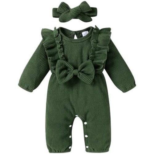 Happy Town Baby Girl Romper Infant Fall Winter Clothes Ruffle Sweater Long Sleeve Bodysuit Jumpsuit and Headband