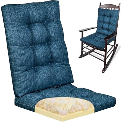 baibu Rocking Chair Cushion Set, Dual-Layer Patented Design Memory Foam Seat & Back Cushion with Ties for Indoor Living Room Rocker, 2 Piece Set, Blue