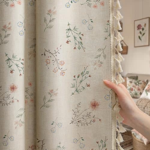 NDDYCU Floral Blackout Curtains Print 84 Inch Length 2 Panels Set Linen Farmhouse Curtains Boho Beige Tassel for Living Room Bedroom Vintage Rustic Western Window Panels Rod Pocket Drapes Patterned