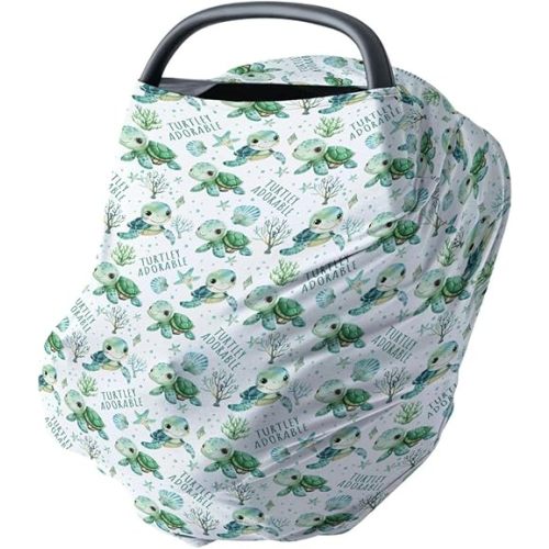HawSkgFub Cute Under The Sea Turtle 5-in-1 Car Seat Cover Baby Boy Girl Shower Gift, Ocean Animal Turtley Adorable Privacy Breastfeeding Nursing Cover, Newborn Infant Multi-use Carseat Canopy Carrier