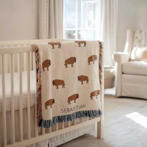 Personalized Bison Baby Blanket, Custom Name Woodland Animal Nursery Throw, Baby Shower Gift, Bison Lover Kids Room Decor for Boy or Girl