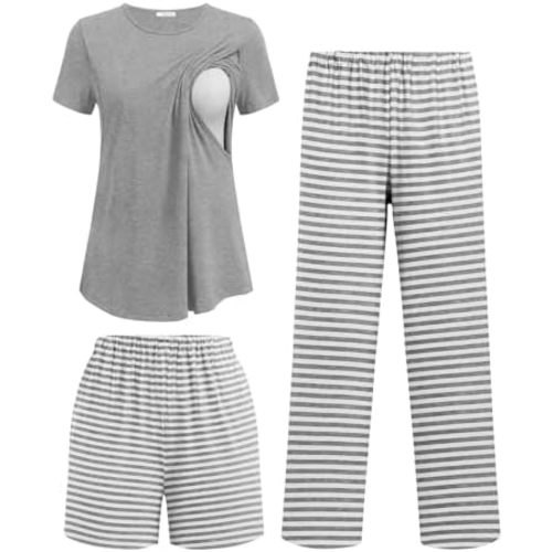 Ekouaer 3 Piece Maternity Pajamas Set Postpartum Nursing Short Sleeve Breastfeeding Sleepwear Pregnancy Shorts & Pants Pjs