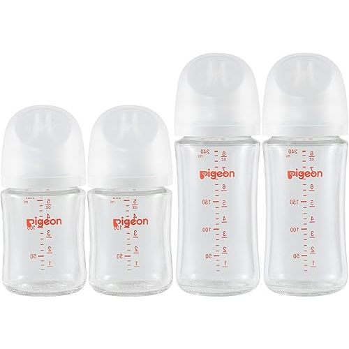 Pigeon Glass Nursing Baby Bottle Wide Neck(Pack of 4), Streamlined Body, Natural Feel, Easy to Clean, Heat-Resistant, 5.4Oz and 8.1 Oz
