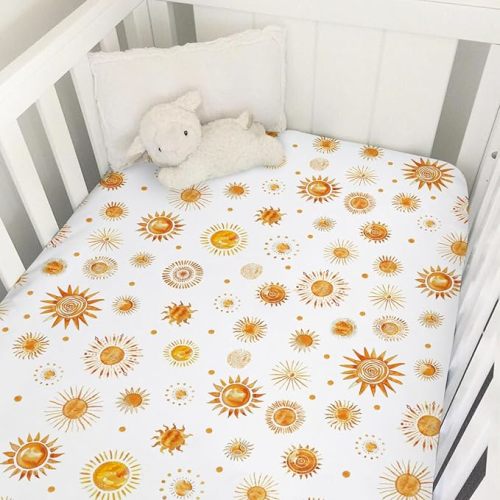Watercolor Suns Totem Baby Crib Sheets 52''x28'' Boho Sunshine Stretchy Fitted Crib Mattress Covers for Boy Girl Golden Suns Soft Nursery Baby Bed Sheets for Standard Crib and Toddler Mattress