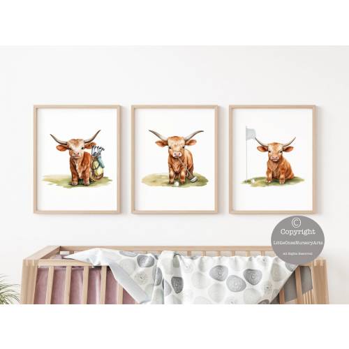 Longhorn Golf Nursery Decor, Longhorn Golfer Prints, Nursery Set of three prints, Longhorn Nursery Decor, Longhorn Prints, Nursery Golf Art