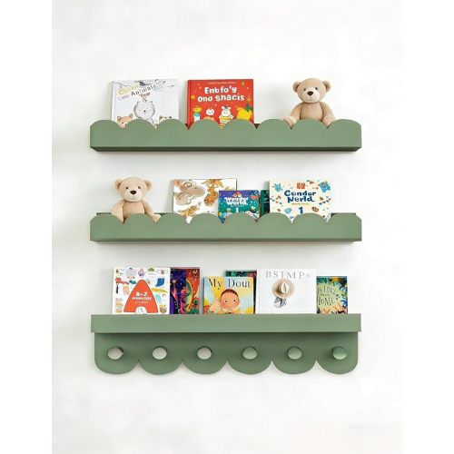 Nursery Shelves for Wall with Hooks-Scalloped Wall Book Shelves for Bedroom Kids Set of 3, Nursery Furniture Must Have, 16 Inch, Natural