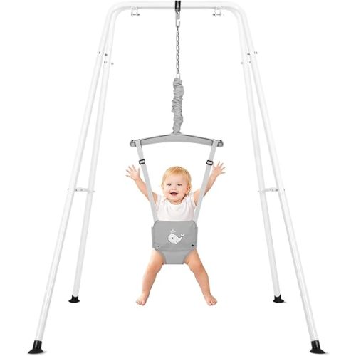 Baby Jumper with Stand, Foldable Activity Jumper for Infants, Height Adjustable Baby Bouncer No Doorway Needed Toddler Jumper, Portable Indoor Outdoor Baby Activity Center for 6-24 Months (Gray)