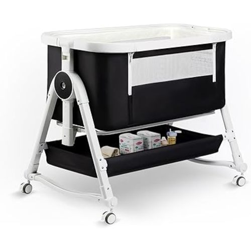 4 in 1 Baby Bassinet, Bassinet Bedside Sleeper with Wheels and Storage Basket, Adjustable 7 Heights Bedside Sleeper with Musquito Net, Breathable Mesh Rocking Bassinet for Baby/Newborn