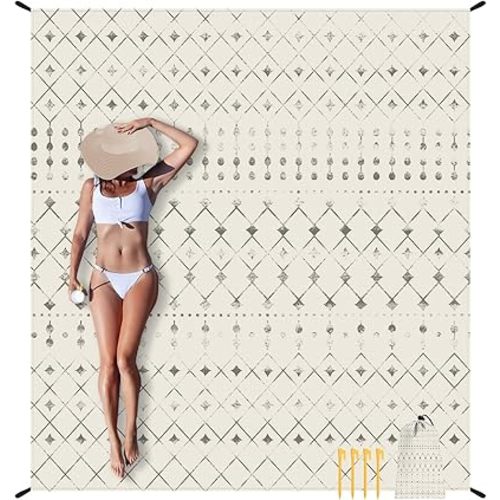 Beach Blanket Waterproof Sandproof, 10'X 9' Extra Large Oversized Beach Mat for 2-8 Adult, Quick Drying Lightweight & Durable Polyester Picnic Blanket for Outdoor, Travel, Camping, Hiking-Moroccan