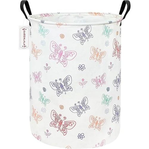 QUEENLALA Large Storage Basket,Laundry Hamper/Bathroom/Home Decor/Collapsible Round Storage Bin,Boys and Girls Hamper/Boxes/Clothing（Round-Colorful Butterfly）