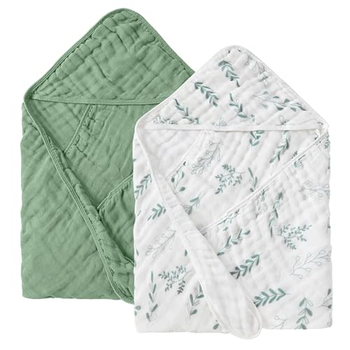 JELLYMONI Muslin Baby Hooded Bath Towels for Newborn, 2 Pack 100% Cotton Baby Bath Towel with Hood for Baby, Infant, Toddler and Kids, Large 32 x 32 Inch Baby Bath Towels Soft and Absorbent