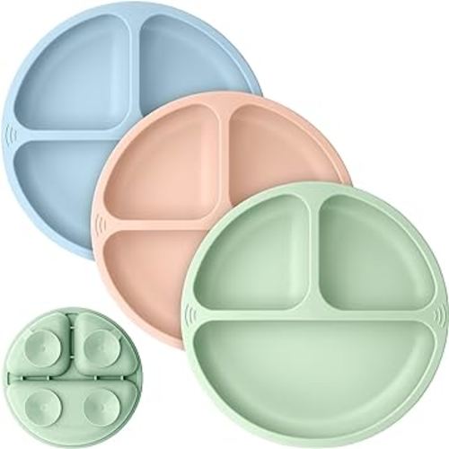 KeaBabies Suction Plates for Baby, Toddler - 3-Pack 100% Silicone Toddler Plates, Divided Baby Plates with Suction, Silicone Plates for Baby, Kids, BPA-Free, Microwave, Dishwasher Safe (Mellow)