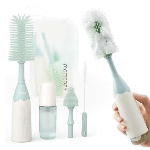 Momcozy Bottle Brush Kit with Push-Press Foam Design - Newborn Essentials Gift, Portable Cleaning Tool for Home & Travel, Baby Bottle Cleaner Brush for Breast Pumps & Nipples, Green