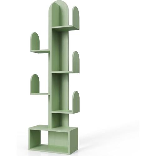 Cactus Tree Bookshelf, 5-Tier Wood 50" Tall Storage Rack for CDs/Movies/Books, Small Space-Saving Organizer Shelves for Living Room, Bedroom, Home Office (Mist Green)