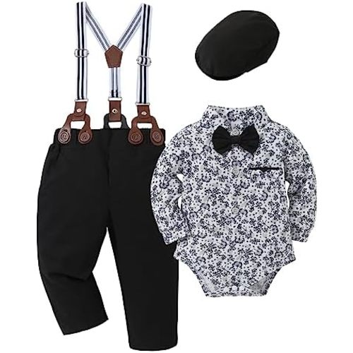 Baby Boy Clothes Suits 0-24M Infant Gentleman Outfit Long Sleeve Dress Shirt+Suspender Pants+Bowtie+Beret Wedding Set