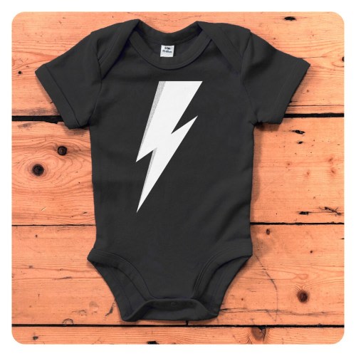 Black babygrow with white and glittery silver lighting bolt