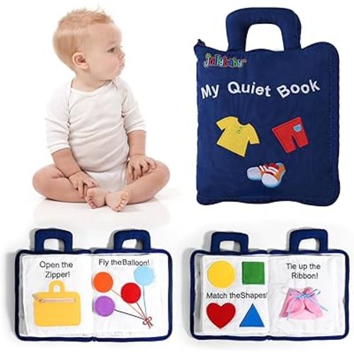 Jollybaby Baby Soft Busy Books -My Quiet Book, Travel Toy & Montessori Sensory Educational, 10 Preschool Learning Activities for 1 2 3 Year Old Toddlers Boy Girl(Blue)