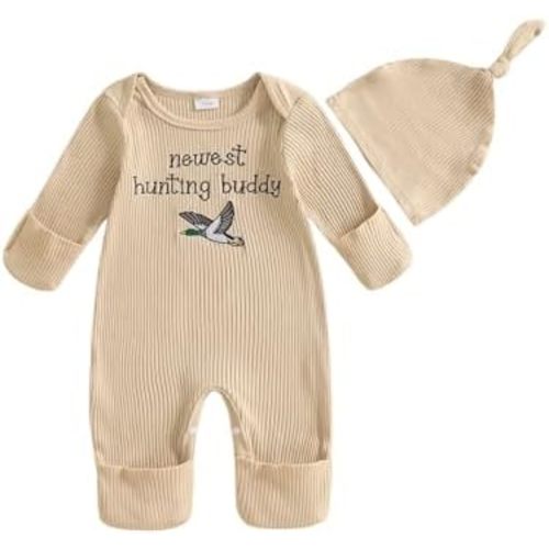 Gaono Newborn Baby Girl Boy Romper Jumpsuit Waffle Knit Striped Long Sleeve Mallard Duck Bodysuit Neutral Fall Clothes