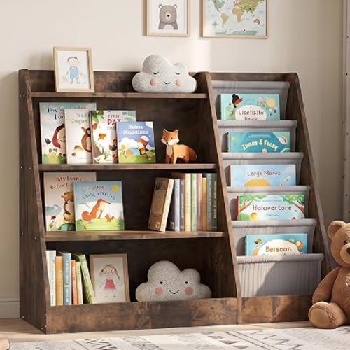 NACHES Rustic 5 Tier Sling Kids Bookshelf, Wooden Children Book Rack with 23° Inclined Fabric Storage Pockets, E1 Grade Particle Board Toy Book Organizer Bookcase for Playroom Nursery Bedroom