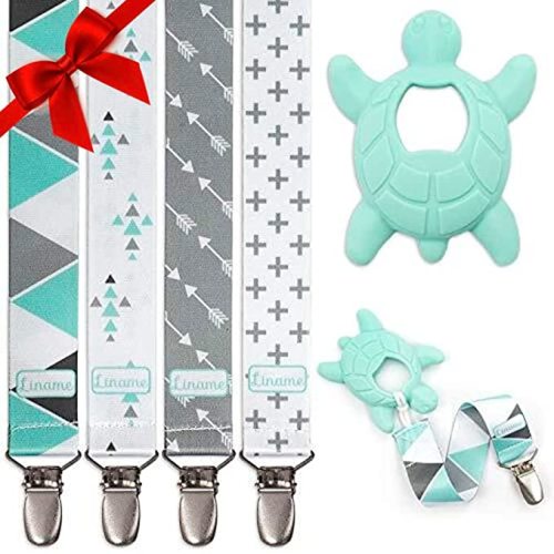 Liname Neutral Pacifier Clip with Teething Toy - 4 Pack Pacifier Clips for Boys & Girls - Binky Holder Soothie Paci Clip Binkie Clip - Unisex Pacifer Clip Baby Pacifier Clip and Pacifier Holder (Mint) - Metal Clips - Mint-Metal