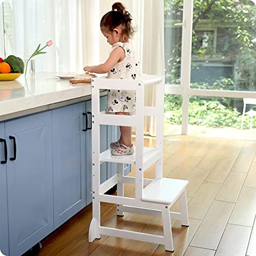 Height Adjustable Kitchen Step Stool for Toddlers, Kids Montessori Learning Stool, Baby Standing Tower for Counter, Children Standing Helper (White)