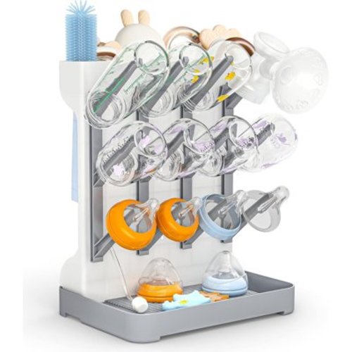 Ikoopy Baby Bottle Drying Rack Plastic Vertical Standing Baby Bottle Holder Organizer with Bottom Drip Tray Space Saving for Countertop