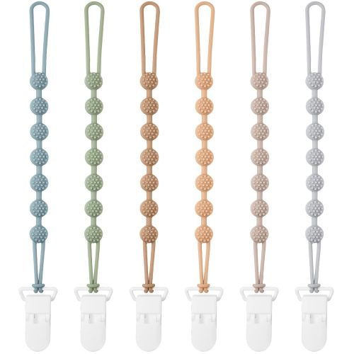 Eascrozn Baby Pacifier Clip, 6 Pack Silicone Pacifier Holder with One Piece Design for Baby Boy and Girl, BPA Free Soft Flexible Paci Binky Clips