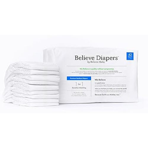 Believe Diapers Viscose Bamboo Diapers Size 3 16-28 Lbs 42 Count – Natural Baby Diapers, Chemical Free Natural Diapers for Sensitive Skin, Super Absorbent Clean Diapers, Unscented Plain White Diapers