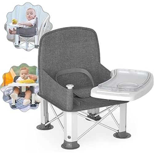 Baby Travel Booster Seat with Double Tray, BabyBond Upgraded Toddler Portable Baby Chair, Booster Seat for Dining Table, Stable and Foldable Booster Baby Chair for Indoor/Outdoor (Grey)