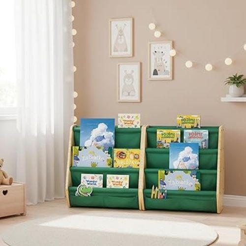 Kids Bookshelf, 4-Tier Toddler Bookshelf, Montessori Book shelf for Baby Room, Children Classroom Books Rack Storage, Natural Wooden Toy Storage Organizer for Nursery or Playroom, 2 Pack, Green