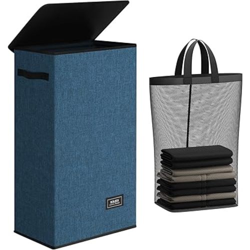SOLEDI Slim Laundry Hamper with Lid, Narrow Laundry Basket with Removable Bags, Dirty Clothes Hamper with handle, Small Hamper perfect for Laundry room, Bathroom, Bedroom, Small spaces. 70L Blue