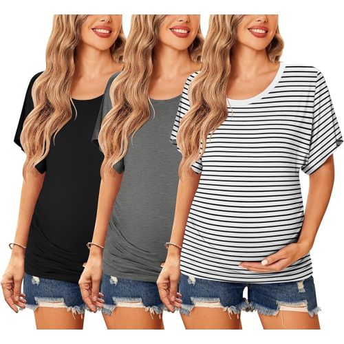Ekouaer Maternity Shirts 3 Packs Dolman Sleeve Side Ruched Tops Tunic Casual Pregnancy Clothes