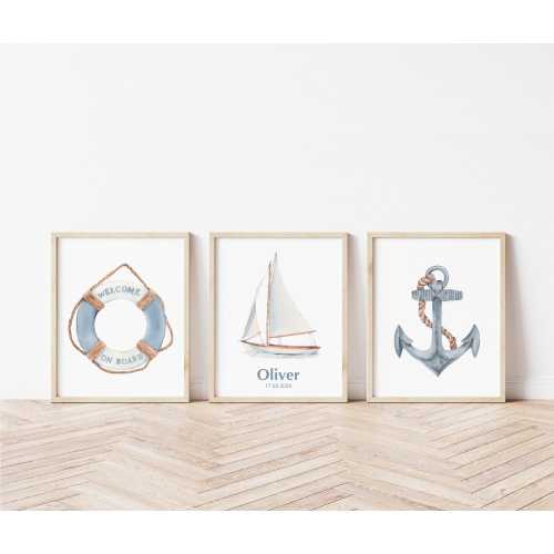 Personalized name nautical nursery wall art. Sailboat print set of 3. Custom name nursery decor. Boys bedroom art print. DIGITAL DOWNLOAD.