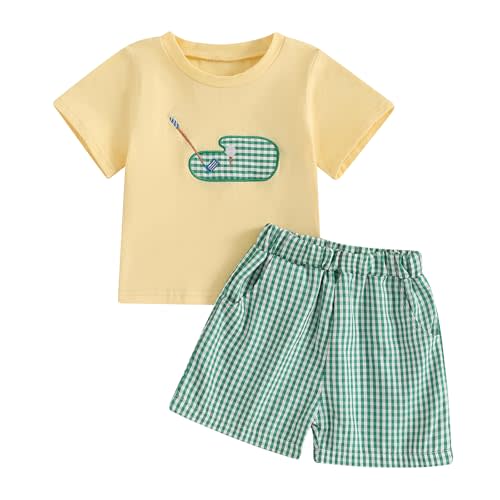 DSOKUHIB Toddler Baby Boy Golf Outfit Golf Embroidery Short Sleeve T-Shirt Plaid Shorts Set 2Pcs Infant Summer Clothes