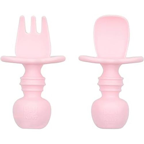 Bumkins Baby Utensils Set, Chewtensils Silicone Spoons for Dipping, Self-Feeding, Baby Led Weaning, Trainer Learning, First Stage Eating, Soft Practice Fork and Spoon, Babies 6 Months, Pink