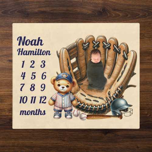 Teddy Bear Retro Baseball Milestone Blanket, Boy Sports Growth Blanket, Baseball Nursery Blanket, Baby Shower Gift Personalized Sports Gift