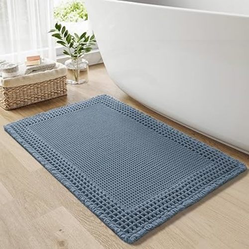 RESARE Waffle Bath Mat for Bathroom, Super Absorbent Bathroom Rugs Non Slip Machine Washable, Ultra Soft Quick Dry Boho Bath Rugs with Tassels for Floor, Upgraded Bordered Design, 24"x36" Blue