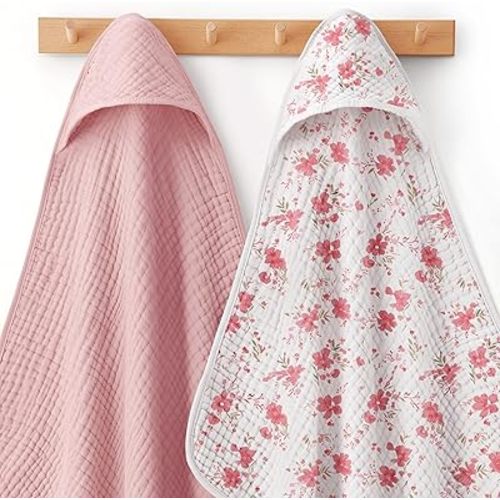 Looxii Baby Bath Towels 2 Pack Muslin Hooded Baby Towels for Newborn and Infants, 100% Cotton, Large 32x32Inch, Soft and Absorbent Pink+Flowers