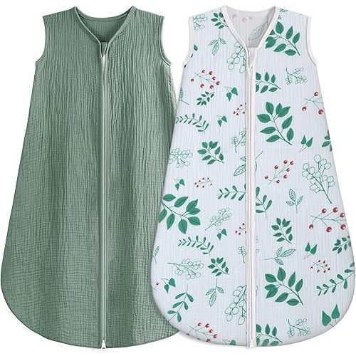 BSTOPPT 2 Pack Baby Sleep Sack 6-12 Months 100% Organic Cotton Muslin Baby Sleeping Bag 2-Way Zipper Wearable Blankets TOG 0.3 (Green & Leafy Cherry, Medium)
