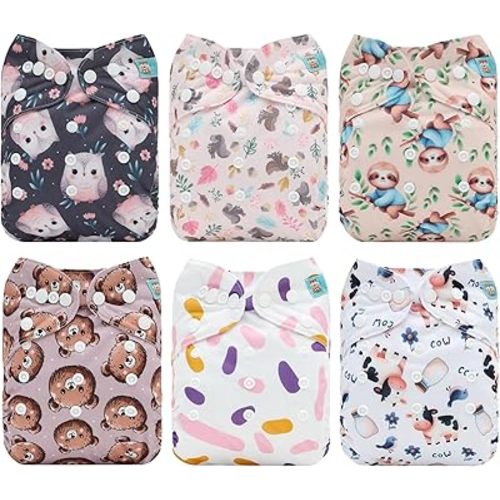 ALVABABY Baby Cloth Diaper 6 Pack with 12 Inserts One Size Cloth Diaper Covers Adjustable Washable Reusable for Baby Girls and Boys