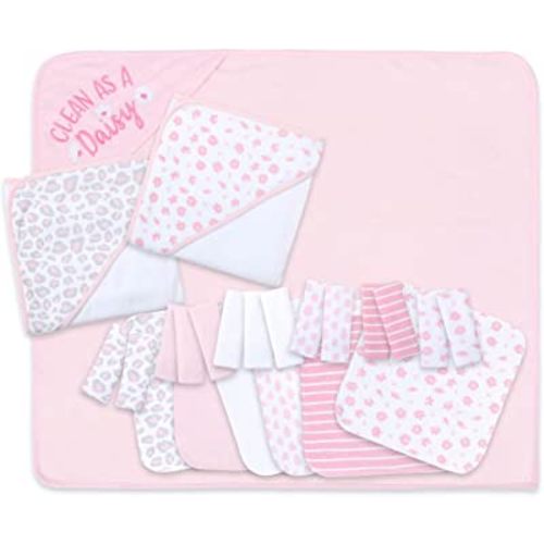 The Peanutshell Hooded Bath Towel and Wash Cloth Set for Baby Girls - 23 Piece Gift Set - Pink Floral & Cheetah Print