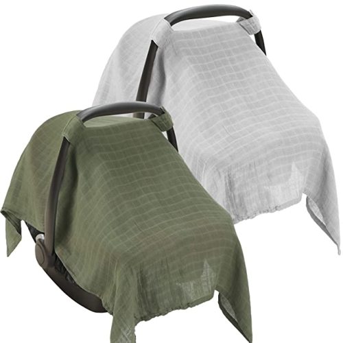 2 Pieces Muslin Carseat Cover Muslin Baby Car Seat Canopy Breathable Soft Car Seat Covers for Babies Boys Girls Infant Newborn (Grey, Green)
