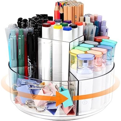 Rotating Pencil Holder for Desk, 5 Slots 360-Degree Spinning Acrylic Pen Holder for Desk, Marker Holder Caddy Art Supply Organizer Pen Organizer for Desk for Office Home School